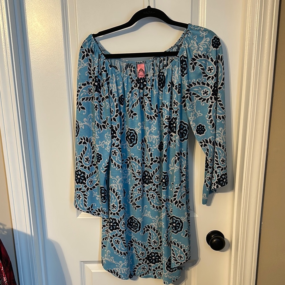Honeyme Blue Smocked Blouse with 3/4 Sleeves